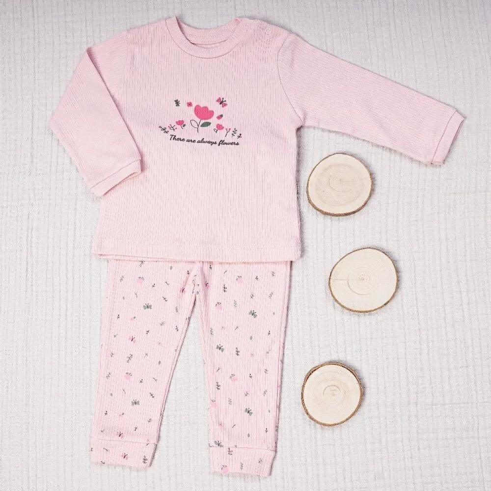 Ribbed Cotton Baby Girl Set - Flowers PINK